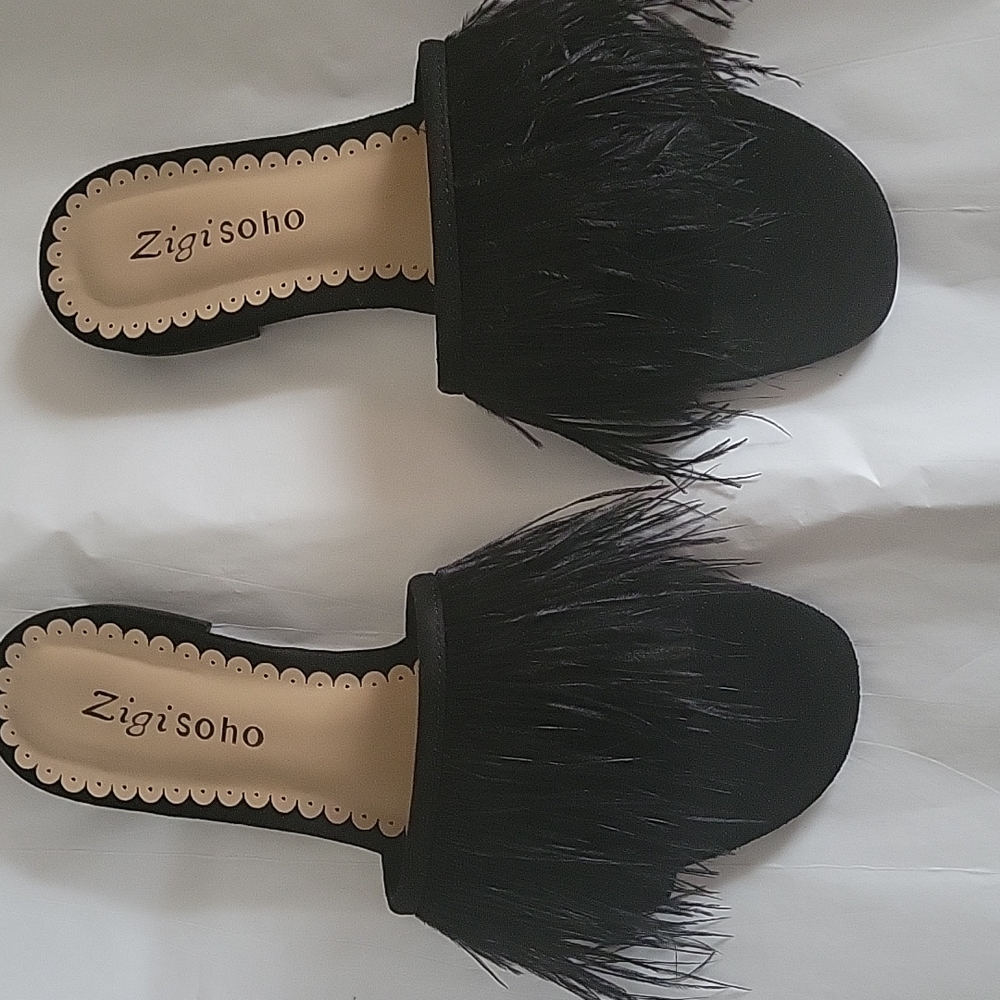 Zigisoho Slippers Black with Feather Fringe